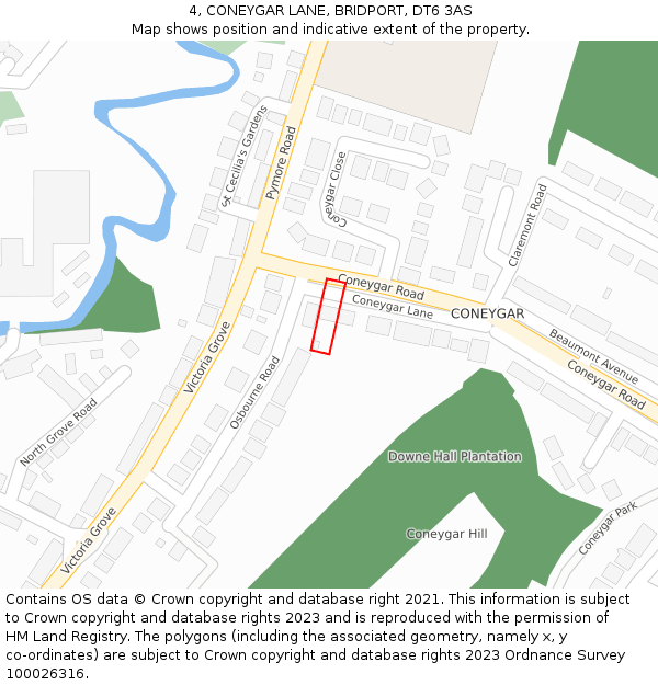 4, CONEYGAR LANE, BRIDPORT, DT6 3AS: Location map and indicative extent of plot