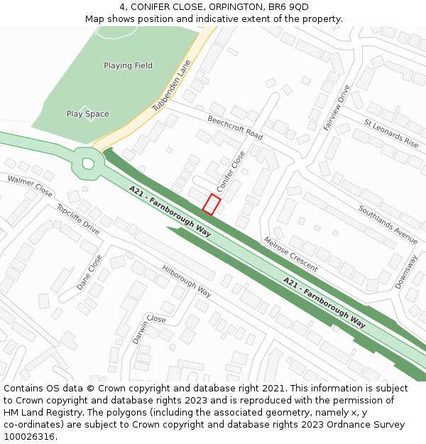 4, CONIFER CLOSE, ORPINGTON, BR6 9QD: Location map and indicative extent of plot