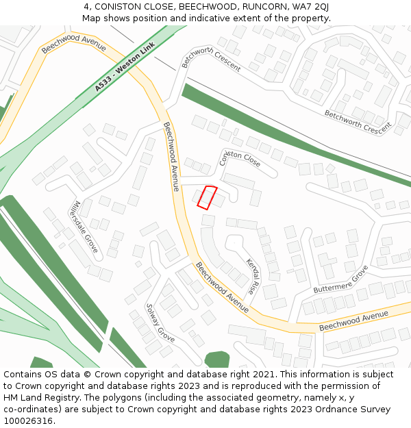 4, CONISTON CLOSE, BEECHWOOD, RUNCORN, WA7 2QJ: Location map and indicative extent of plot