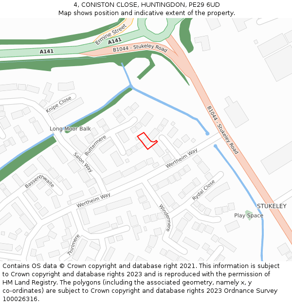 4, CONISTON CLOSE, HUNTINGDON, PE29 6UD: Location map and indicative extent of plot