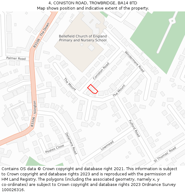 4, CONISTON ROAD, TROWBRIDGE, BA14 8TD: Location map and indicative extent of plot