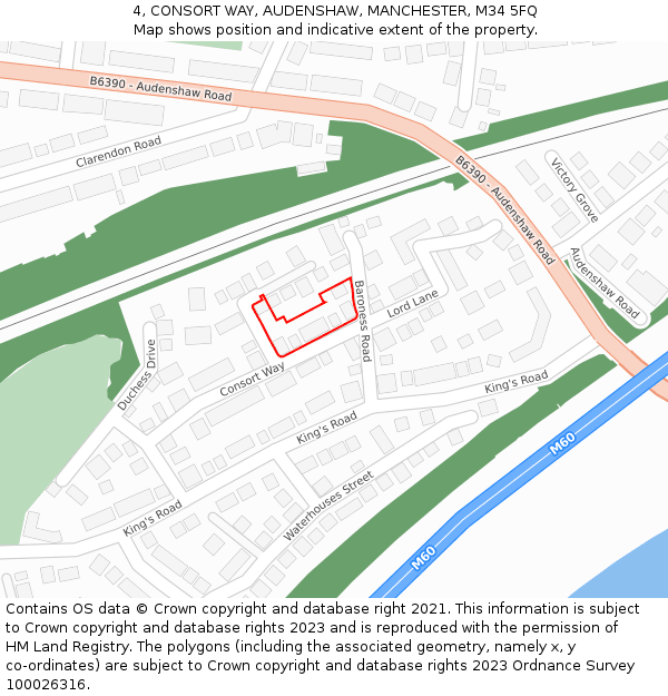 4, CONSORT WAY, AUDENSHAW, MANCHESTER, M34 5FQ: Location map and indicative extent of plot