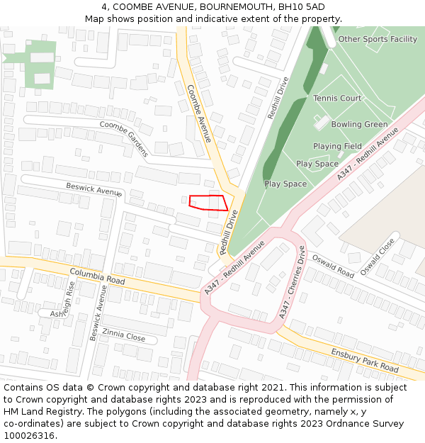 4, COOMBE AVENUE, BOURNEMOUTH, BH10 5AD: Location map and indicative extent of plot