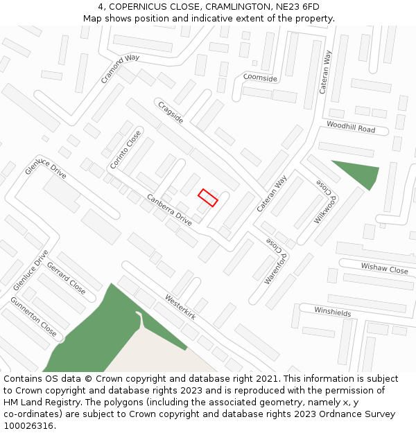 4, COPERNICUS CLOSE, CRAMLINGTON, NE23 6FD: Location map and indicative extent of plot