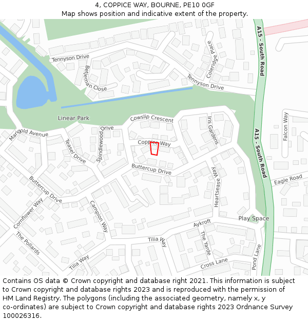 4, COPPICE WAY, BOURNE, PE10 0GF: Location map and indicative extent of plot