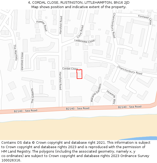 4, CORDAL CLOSE, RUSTINGTON, LITTLEHAMPTON, BN16 2JD: Location map and indicative extent of plot