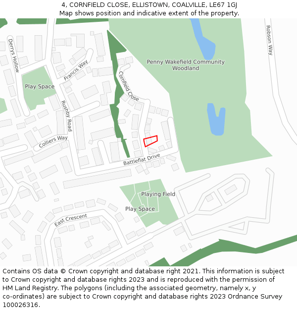 4, CORNFIELD CLOSE, ELLISTOWN, COALVILLE, LE67 1GJ: Location map and indicative extent of plot