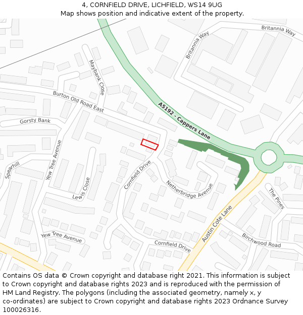 4, CORNFIELD DRIVE, LICHFIELD, WS14 9UG: Location map and indicative extent of plot