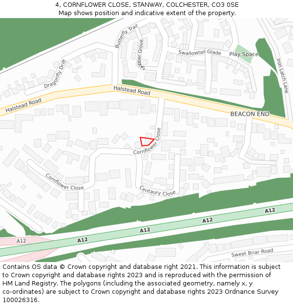 4, CORNFLOWER CLOSE, STANWAY, COLCHESTER, CO3 0SE: Location map and indicative extent of plot