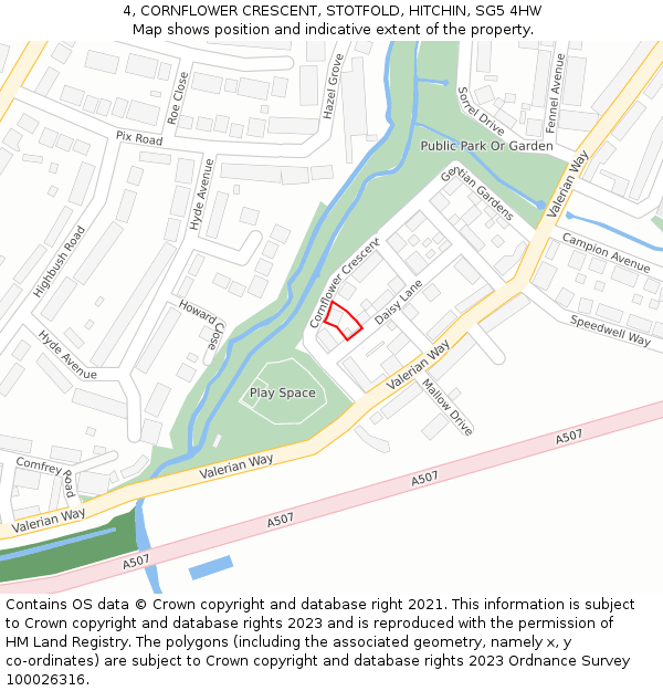 4, CORNFLOWER CRESCENT, STOTFOLD, HITCHIN, SG5 4HW: Location map and indicative extent of plot