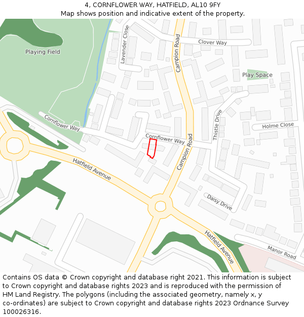 4, CORNFLOWER WAY, HATFIELD, AL10 9FY: Location map and indicative extent of plot