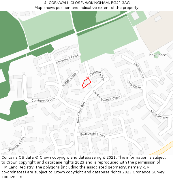 4, CORNWALL CLOSE, WOKINGHAM, RG41 3AG: Location map and indicative extent of plot