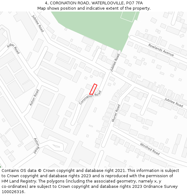 4, CORONATION ROAD, WATERLOOVILLE, PO7 7FA: Location map and indicative extent of plot