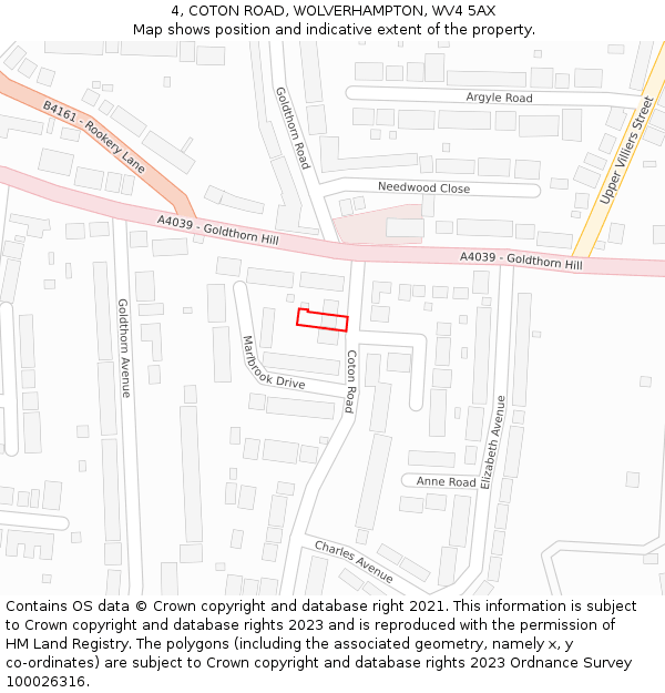 4, COTON ROAD, WOLVERHAMPTON, WV4 5AX: Location map and indicative extent of plot