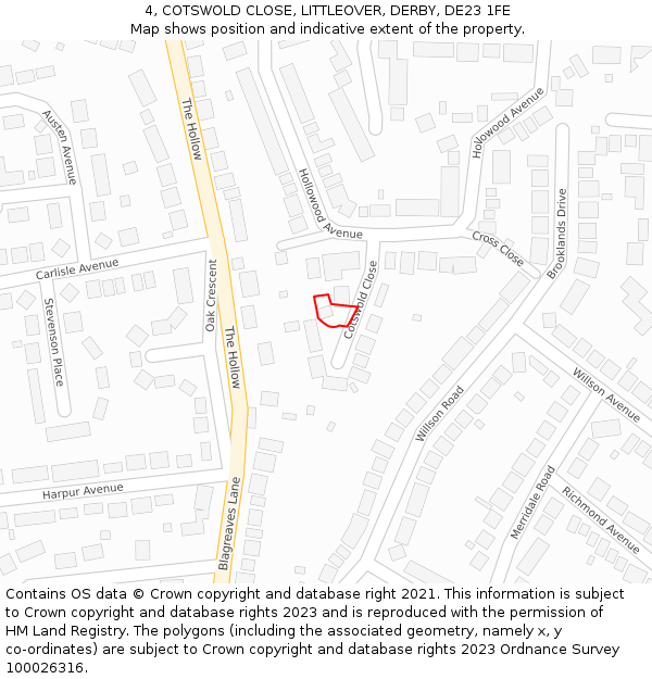 4, COTSWOLD CLOSE, LITTLEOVER, DERBY, DE23 1FE: Location map and indicative extent of plot