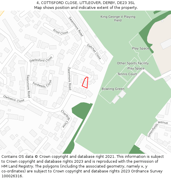 4, COTTISFORD CLOSE, LITTLEOVER, DERBY, DE23 3SL: Location map and indicative extent of plot