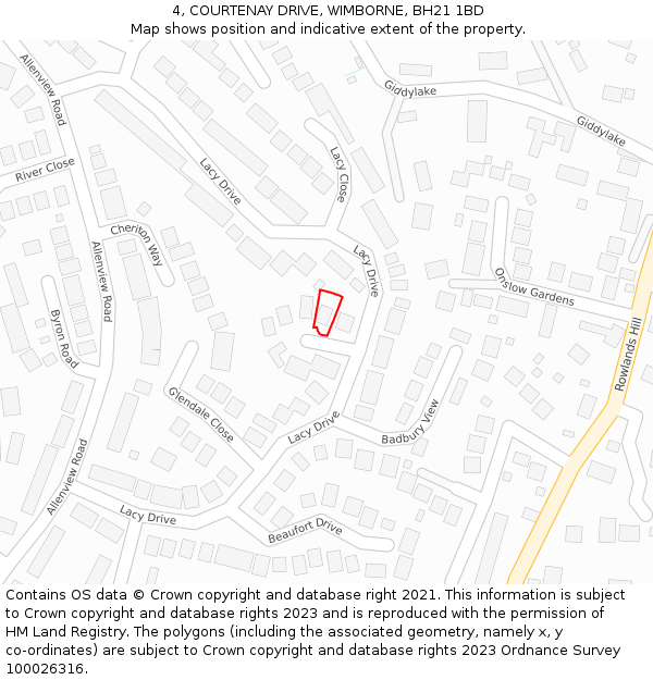4, COURTENAY DRIVE, WIMBORNE, BH21 1BD: Location map and indicative extent of plot