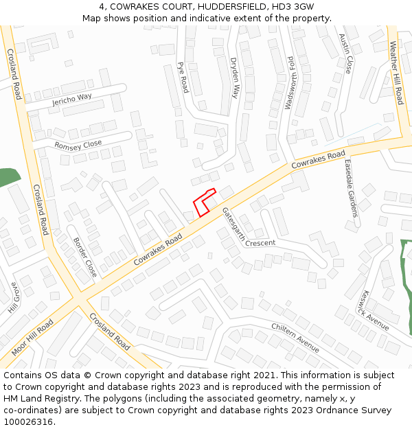 4, COWRAKES COURT, HUDDERSFIELD, HD3 3GW: Location map and indicative extent of plot