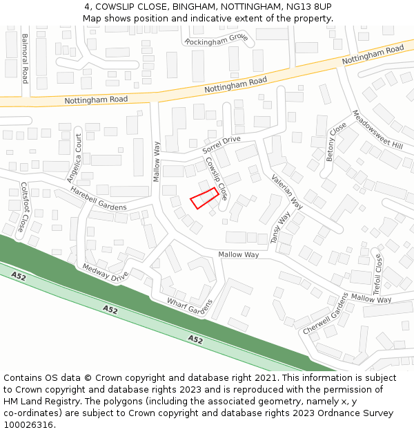4, COWSLIP CLOSE, BINGHAM, NOTTINGHAM, NG13 8UP: Location map and indicative extent of plot