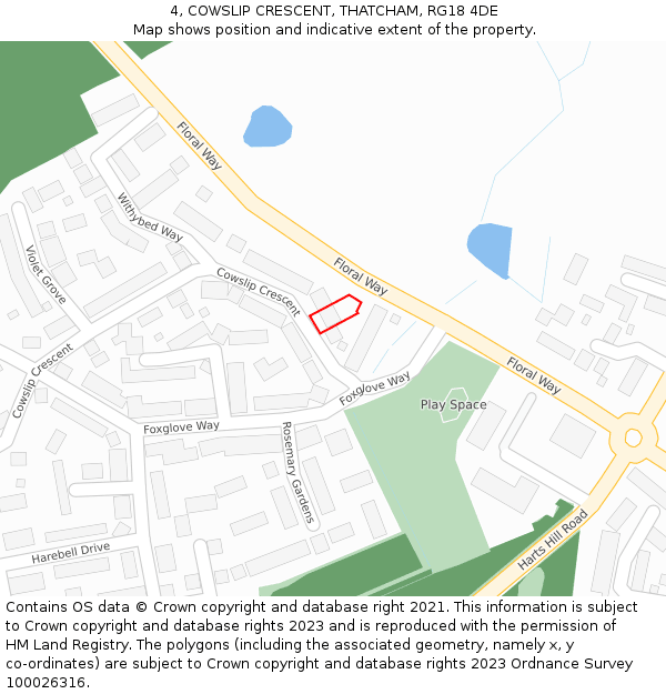 4, COWSLIP CRESCENT, THATCHAM, RG18 4DE: Location map and indicative extent of plot