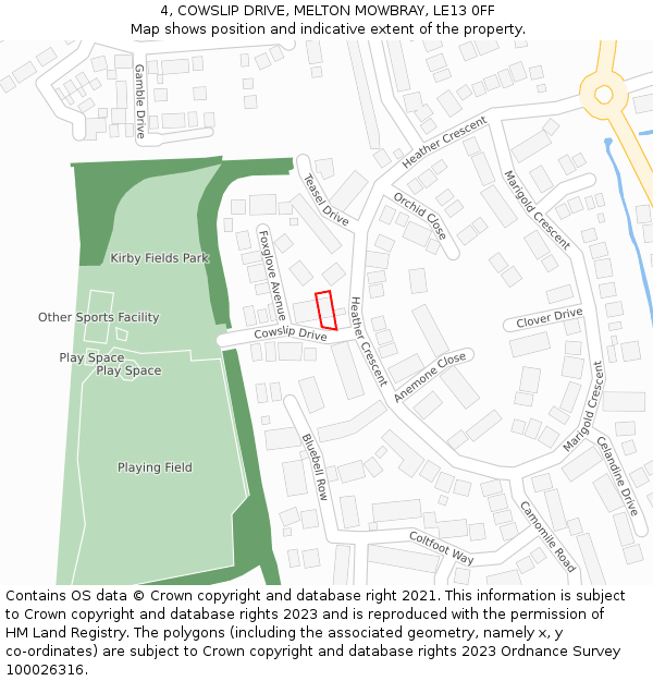 4, COWSLIP DRIVE, MELTON MOWBRAY, LE13 0FF: Location map and indicative extent of plot