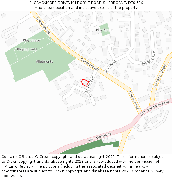 4, CRACKMORE DRIVE, MILBORNE PORT, SHERBORNE, DT9 5FX: Location map and indicative extent of plot