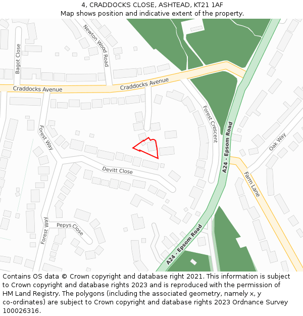 4, CRADDOCKS CLOSE, ASHTEAD, KT21 1AF: Location map and indicative extent of plot
