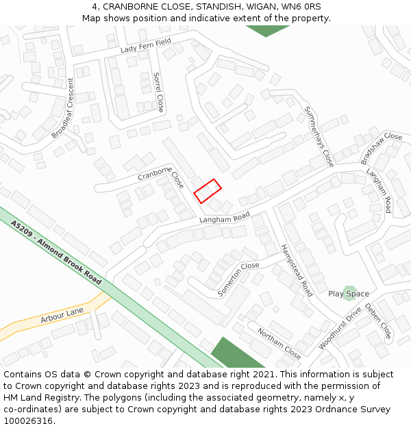 4, CRANBORNE CLOSE, STANDISH, WIGAN, WN6 0RS: Location map and indicative extent of plot