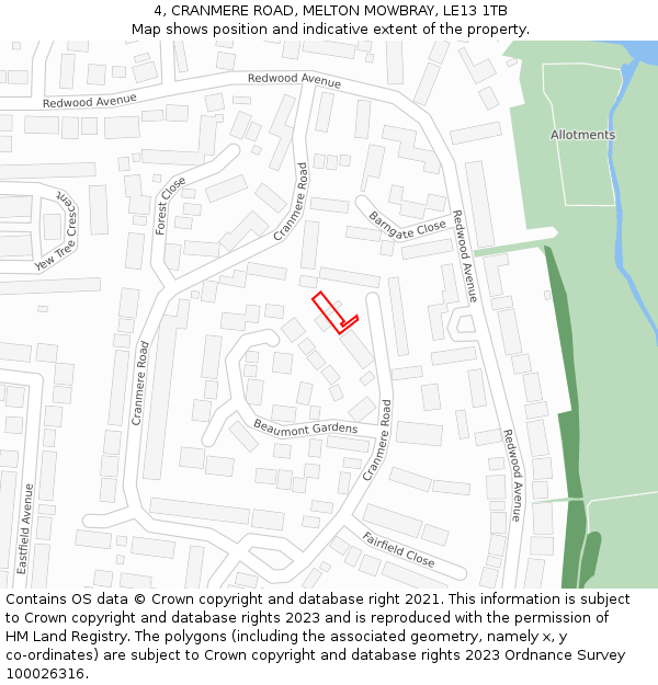 4, CRANMERE ROAD, MELTON MOWBRAY, LE13 1TB: Location map and indicative extent of plot