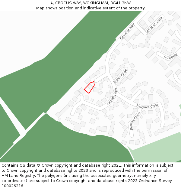 4, CROCUS WAY, WOKINGHAM, RG41 3NW: Location map and indicative extent of plot