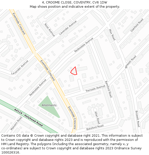 4, CROOME CLOSE, COVENTRY, CV6 1DW: Location map and indicative extent of plot