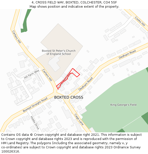4, CROSS FIELD WAY, BOXTED, COLCHESTER, CO4 5SF: Location map and indicative extent of plot