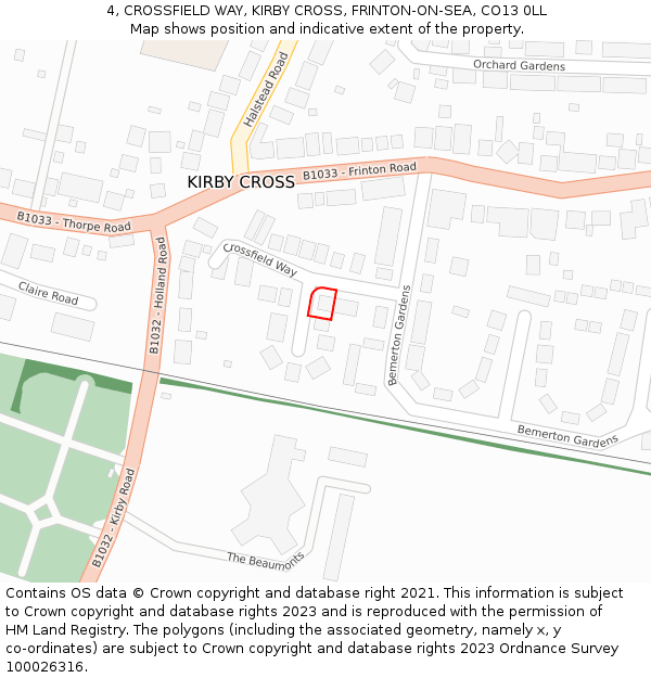 4, CROSSFIELD WAY, KIRBY CROSS, FRINTON-ON-SEA, CO13 0LL: Location map and indicative extent of plot