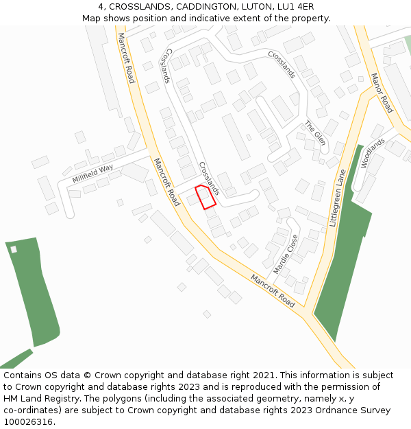 4, CROSSLANDS, CADDINGTON, LUTON, LU1 4ER: Location map and indicative extent of plot