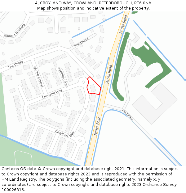 4, CROYLAND WAY, CROWLAND, PETERBOROUGH, PE6 0NA: Location map and indicative extent of plot