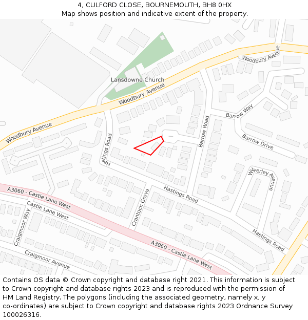 4, CULFORD CLOSE, BOURNEMOUTH, BH8 0HX: Location map and indicative extent of plot