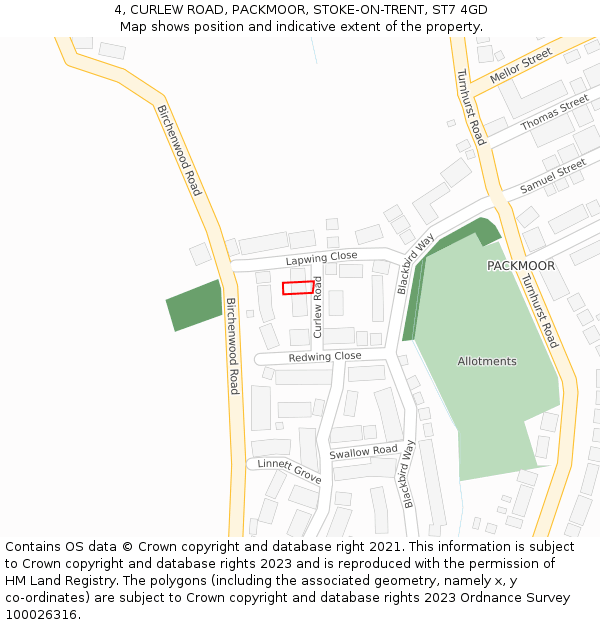 4, CURLEW ROAD, PACKMOOR, STOKE-ON-TRENT, ST7 4GD: Location map and indicative extent of plot