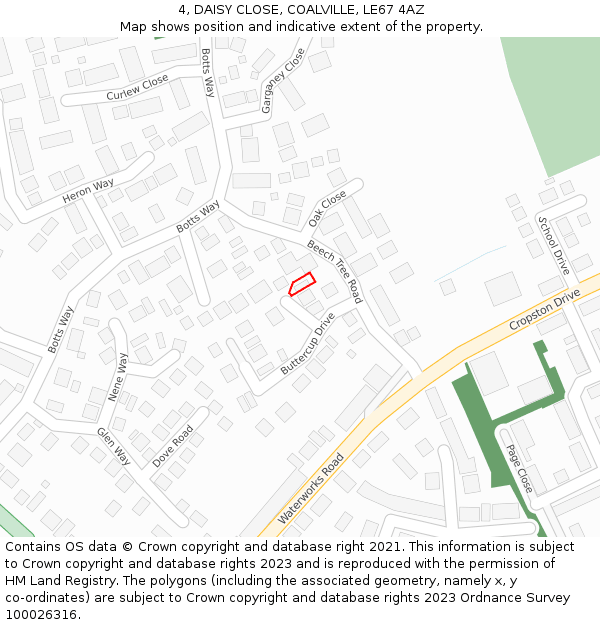 4, DAISY CLOSE, COALVILLE, LE67 4AZ: Location map and indicative extent of plot