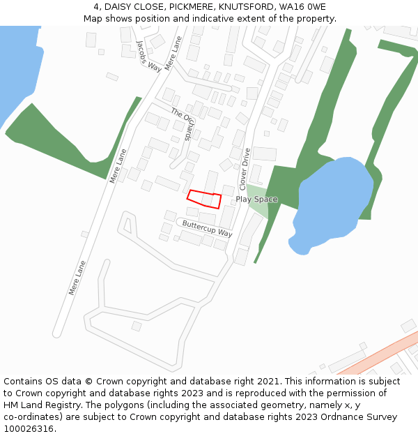 4, DAISY CLOSE, PICKMERE, KNUTSFORD, WA16 0WE: Location map and indicative extent of plot