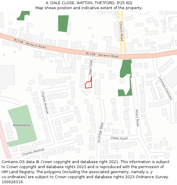 4, DALE CLOSE, WATTON, THETFORD, IP25 6DJ: Location map and indicative extent of plot