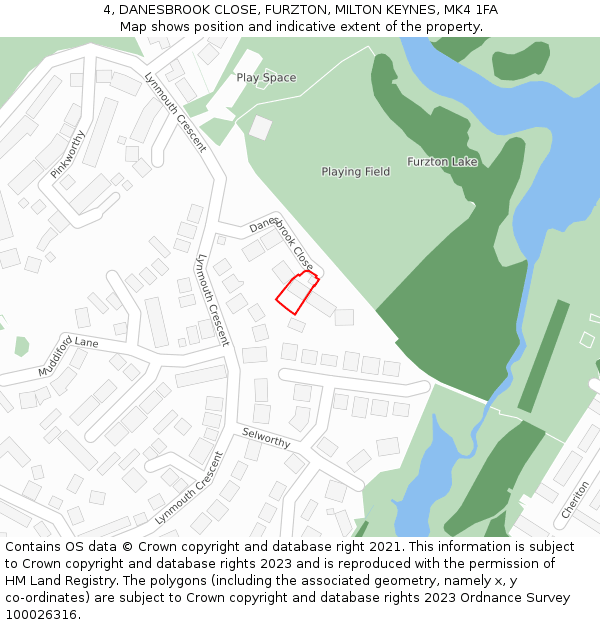 4, DANESBROOK CLOSE, FURZTON, MILTON KEYNES, MK4 1FA: Location map and indicative extent of plot