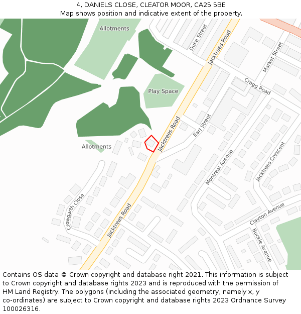 4, DANIELS CLOSE, CLEATOR MOOR, CA25 5BE: Location map and indicative extent of plot