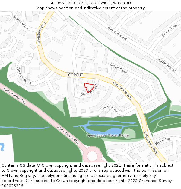 4, DANUBE CLOSE, DROITWICH, WR9 8DD: Location map and indicative extent of plot