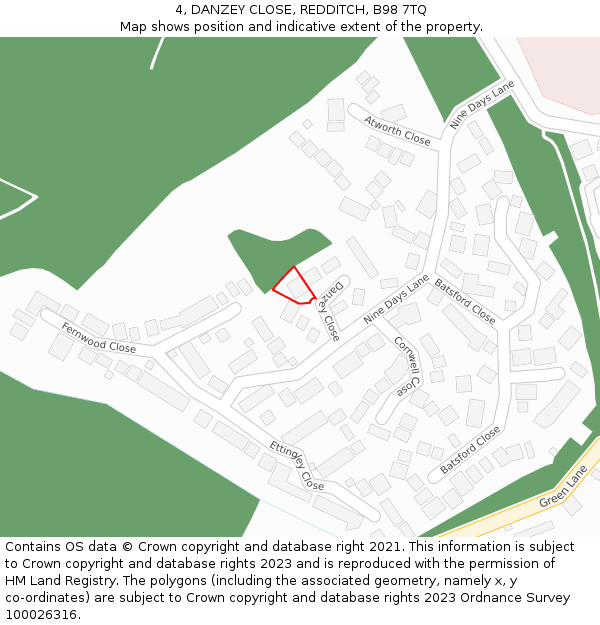 4, DANZEY CLOSE, REDDITCH, B98 7TQ: Location map and indicative extent of plot