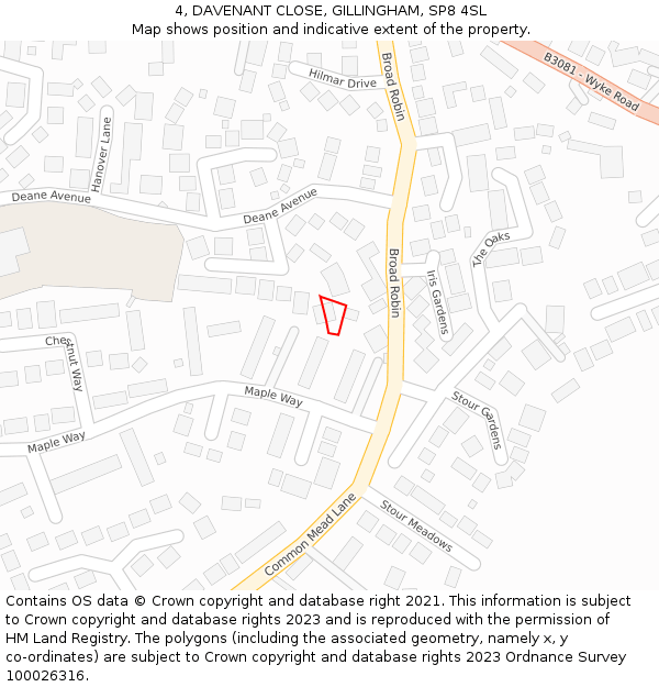 4, DAVENANT CLOSE, GILLINGHAM, SP8 4SL: Location map and indicative extent of plot