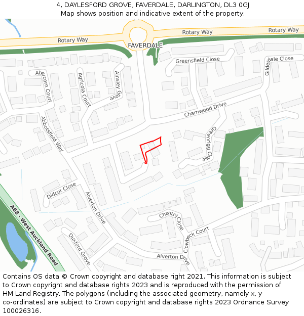 4, DAYLESFORD GROVE, FAVERDALE, DARLINGTON, DL3 0GJ: Location map and indicative extent of plot