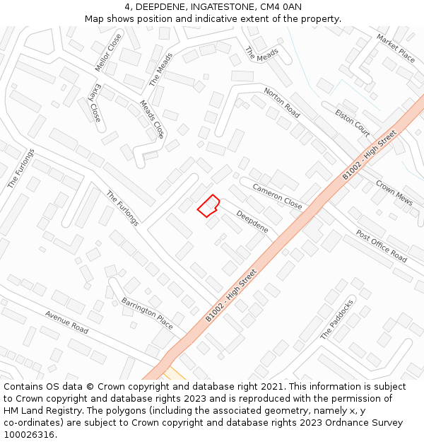 4, DEEPDENE, INGATESTONE, CM4 0AN: Location map and indicative extent of plot