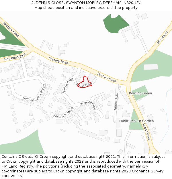 4, DENNIS CLOSE, SWANTON MORLEY, DEREHAM, NR20 4FU: Location map and indicative extent of plot