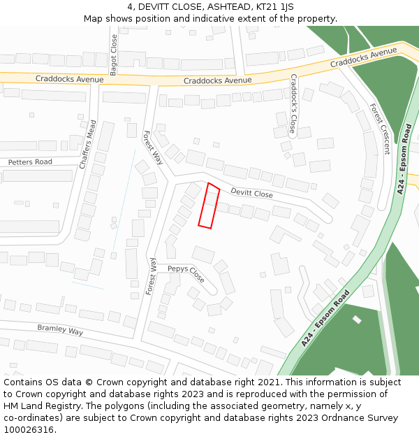 4, DEVITT CLOSE, ASHTEAD, KT21 1JS: Location map and indicative extent of plot