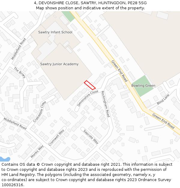 4, DEVONSHIRE CLOSE, SAWTRY, HUNTINGDON, PE28 5SG: Location map and indicative extent of plot